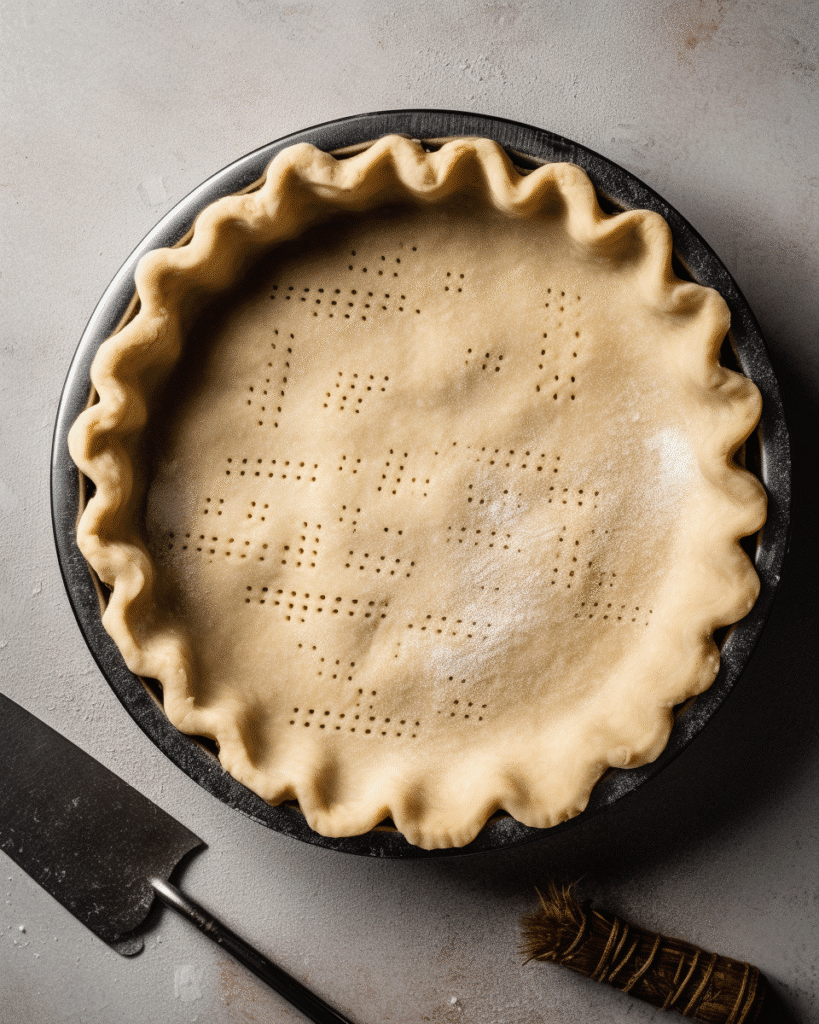 unbaked pie crust for dark chocolate chess pie with fork marks and crimped edges