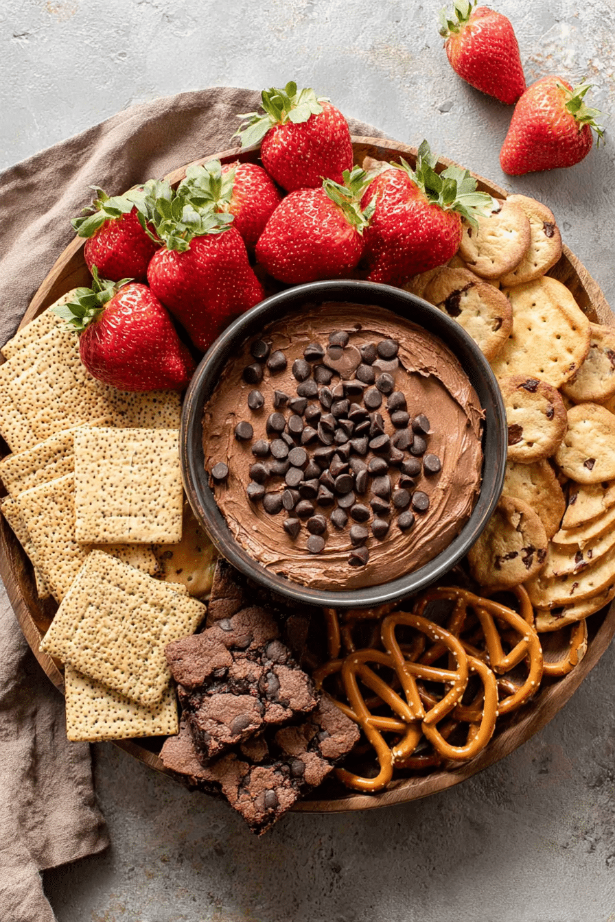 brownie batter dip with strawberries cookies pretzels and graham crackers