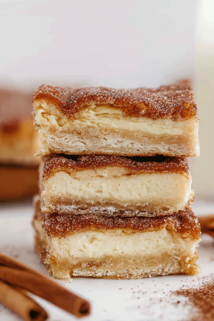 churro cheesecake bars stacked with cinnamon sugar topping