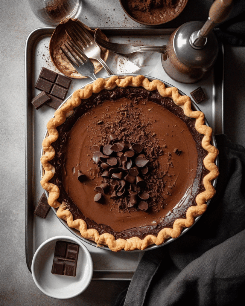 : baked dark chocolate chess pie with golden crust and chocolate curls