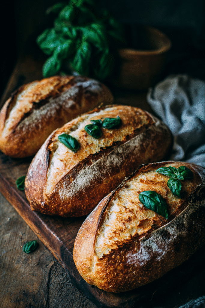 fresh baked crusty italian bread with basil