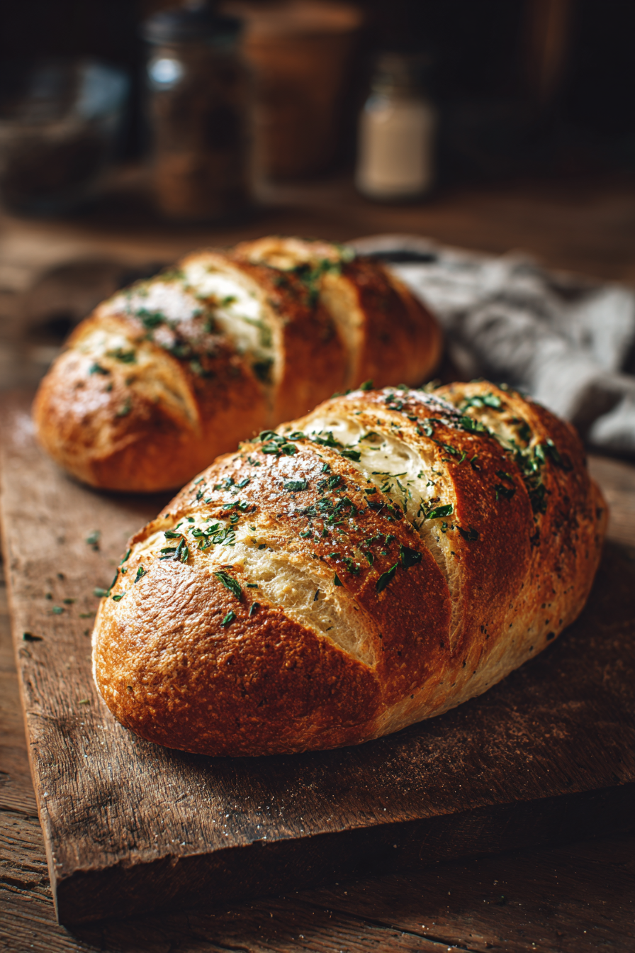 fresh baked crusty italian bread with herbs
