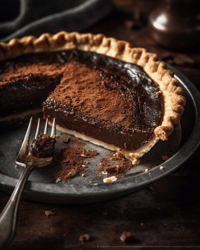 slice of dark chocolate chess pie in metal tin with flaky crust and fork