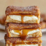 churro cheesecake bars with caramel drizzle on plate