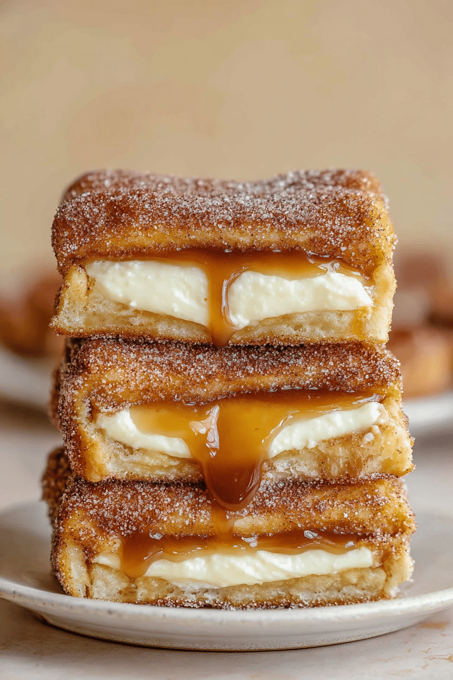 churro cheesecake bars with caramel drizzle on plate