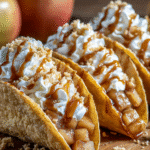 close-up of apple pie tacos with whipped cream and caramel drizzle