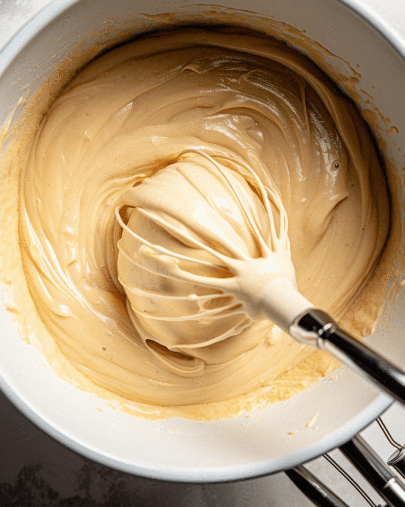 creamy chess pie filling being mixed for dark chocolate chess pie