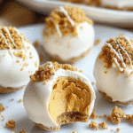 No Bake Pumpkin Cheesecake Balls with creamy filling and graham topping on a white plate