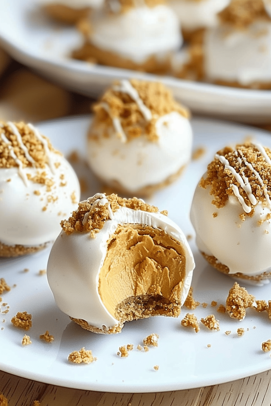 No Bake Pumpkin Cheesecake Balls with creamy filling and graham topping on a white plate