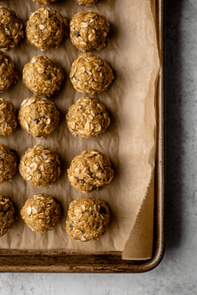 pumpkin oatmeal cookie dough balls on baking sheet