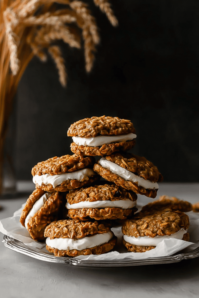 pile of pumpkin oatmeal cream pies with creamy filling on cooling rack