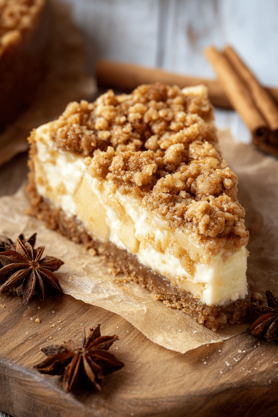 apple crumble cheesecake slice with creamy filling and cinnamon crumble topping