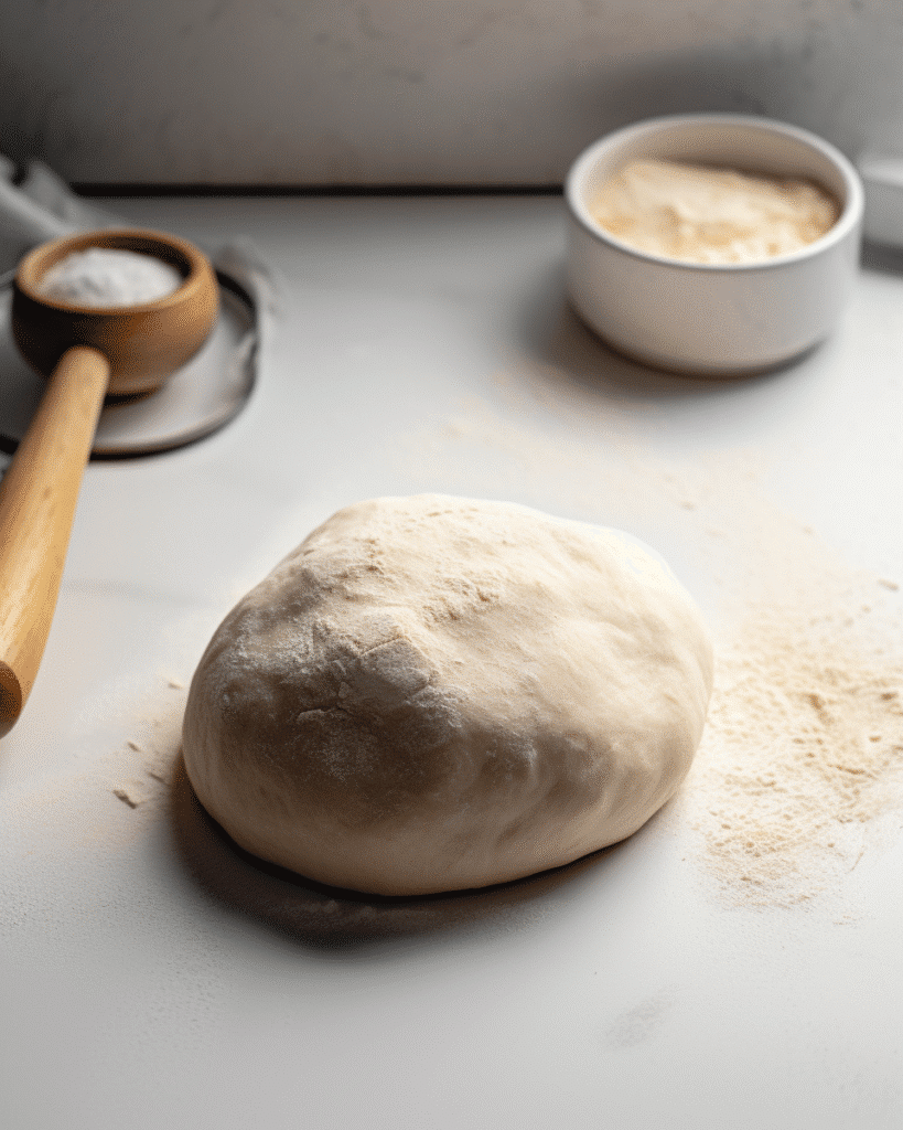 unbaked pie dough for dark chocolate chess pie on light surface with flour scoop