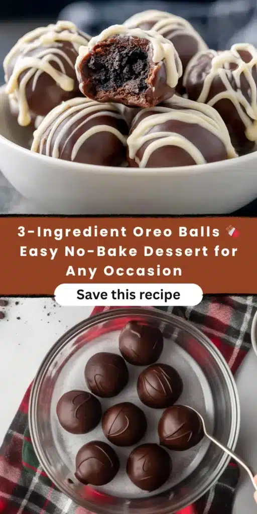 3 Ingredient no-bake Oreo balls in a white bowl, coated in chocolate and drizzled with white chocolate, with one ball showing the soft Oreo filling