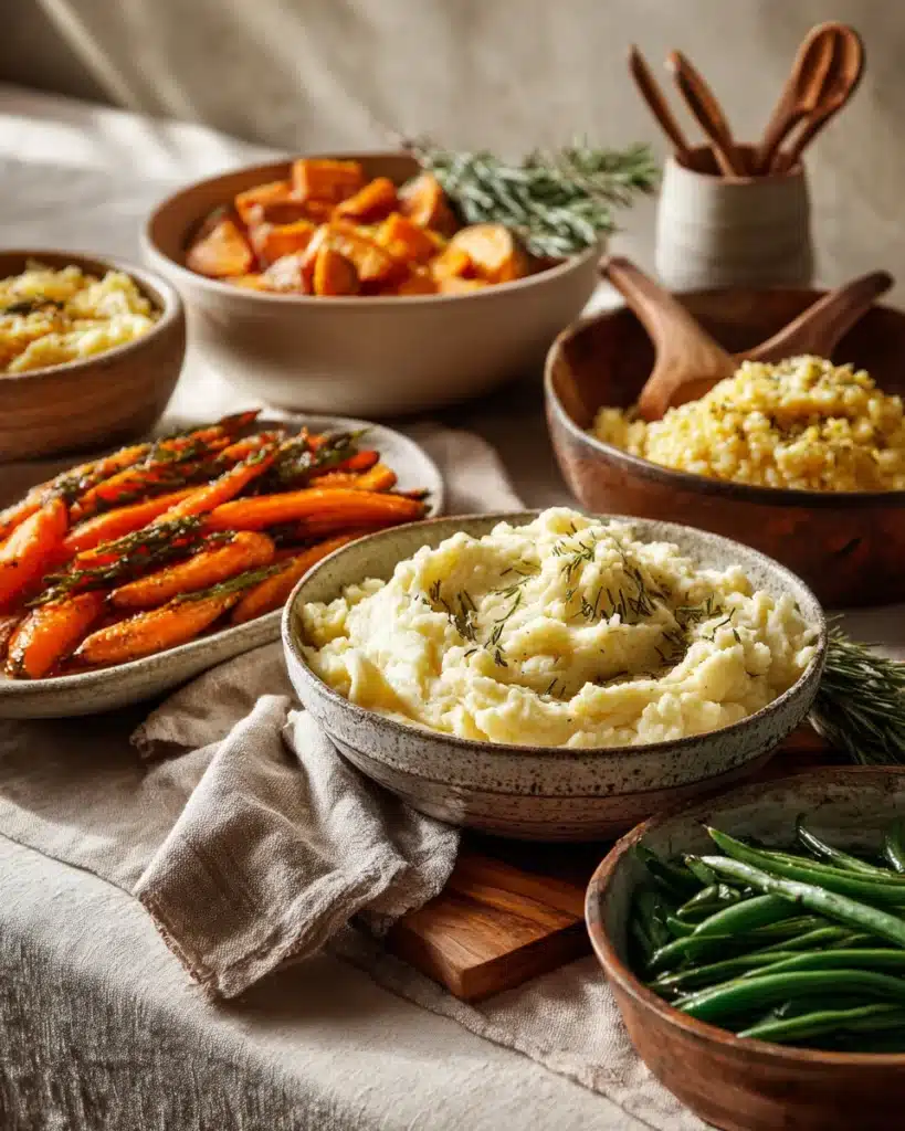 5 easy Thanksgiving side dishes: mashed potatoes, green beans, carrots, sweet potatoes, and corn.