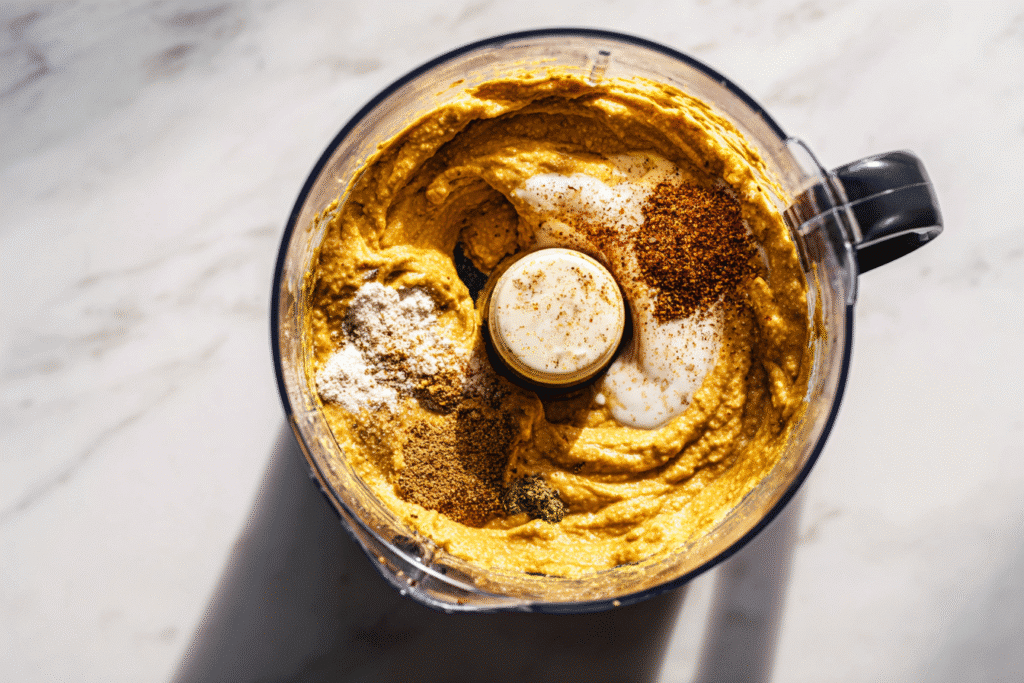 Pumpkin hummus with tahini and spices in a food processor before final blending