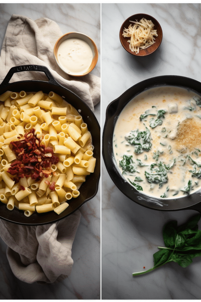 Cooking creamy Tuscan sauce with sun-dried tomatoes and adding cooked rigatoni pasta