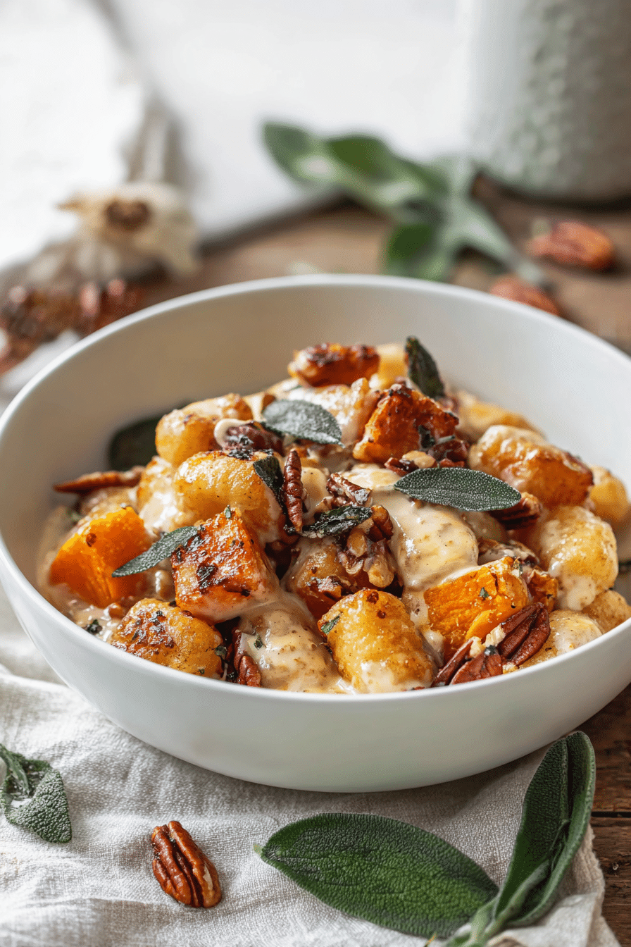Air Fryer Pumpkin Gnocchi Bake with Roasted Pumpkin, Pecans, and Sage