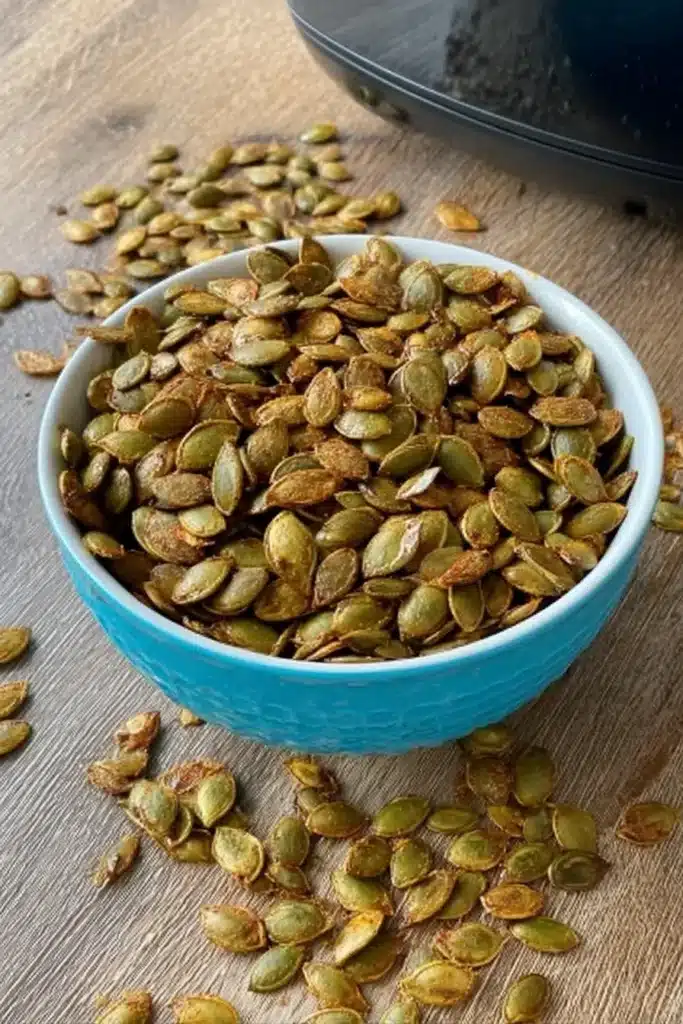 Crispy air fryer pumpkin seeds in white and blue bowl