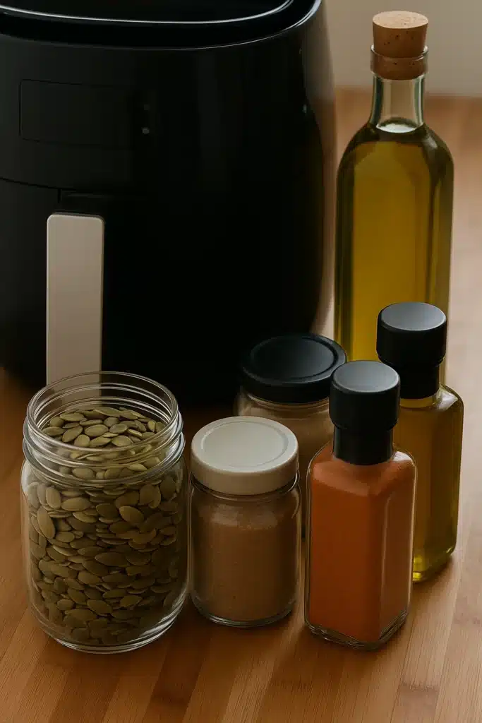 Ingredients for air fryer pumpkin seeds with spices and olive oil
