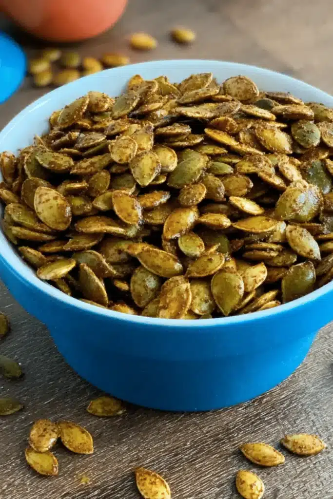Air fryer pumpkin seeds in a white bowl on wooden table