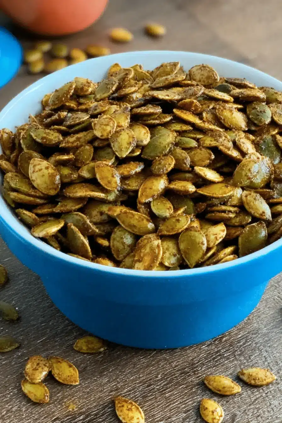 Air fryer pumpkin seeds in a white bowl on wooden table