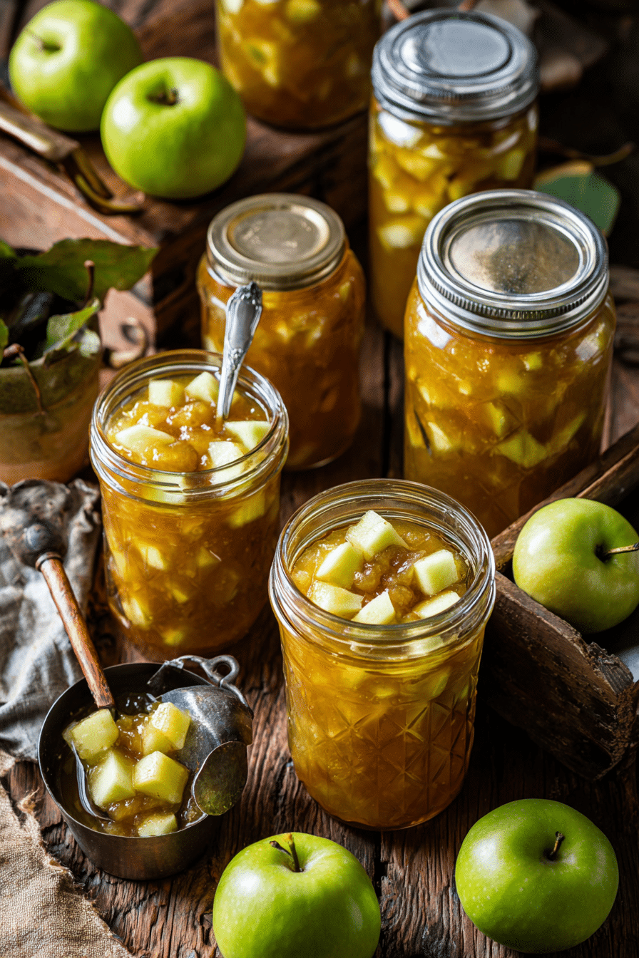 Canned apple pie jam. Jars of homemade apple jam with fresh green apples on a wooden surface.