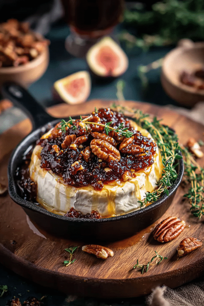 baked brie with fig jam and pecans in cast iron skillet