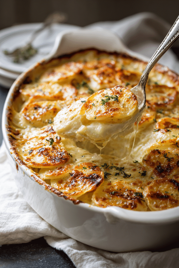 golden baked creamy scalloped potatoes with crispy tops in white dish