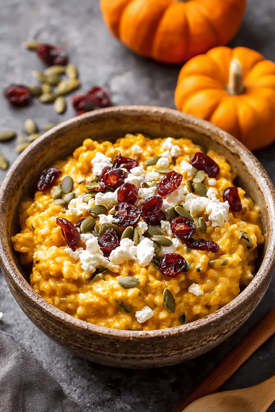 Baked pumpkin goat cheese risotto recipe. Bowl of risotto with cranberries and pumpkin seeds. Fall comfort food.