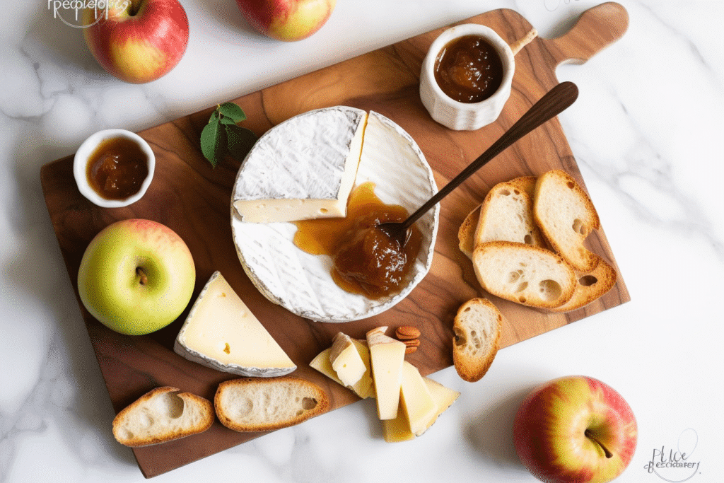 Wooden board with slices of baguette, a wedge of brie, apple slices, and fig jam in a white bowl surrounded by red apples