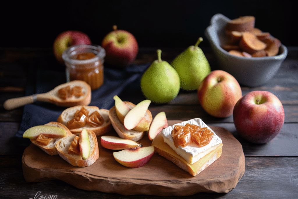 Brie, apple, and fig crostini assembled on a slate board with fresh figs, apples, and brie wedge in the background