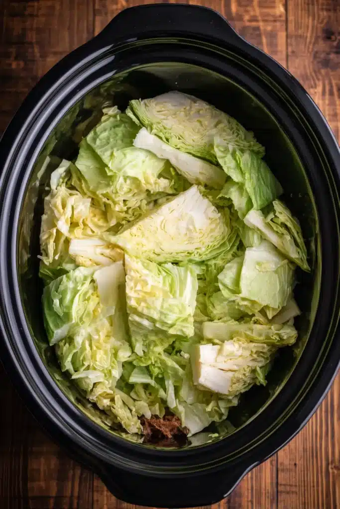Slow cooker filled with cabbage for corned beef and cabbage recipe. Close-up of fresh cabbage in a slow cooker.