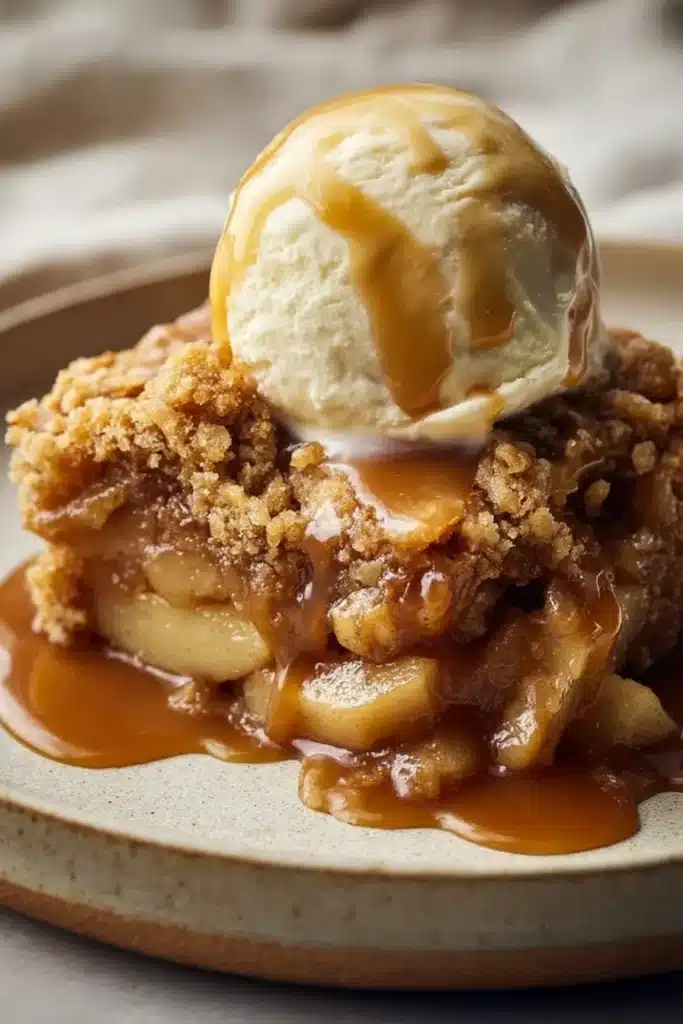 Caramel Apple Dump Cake served on a plate with vanilla ice cream and caramel sauce