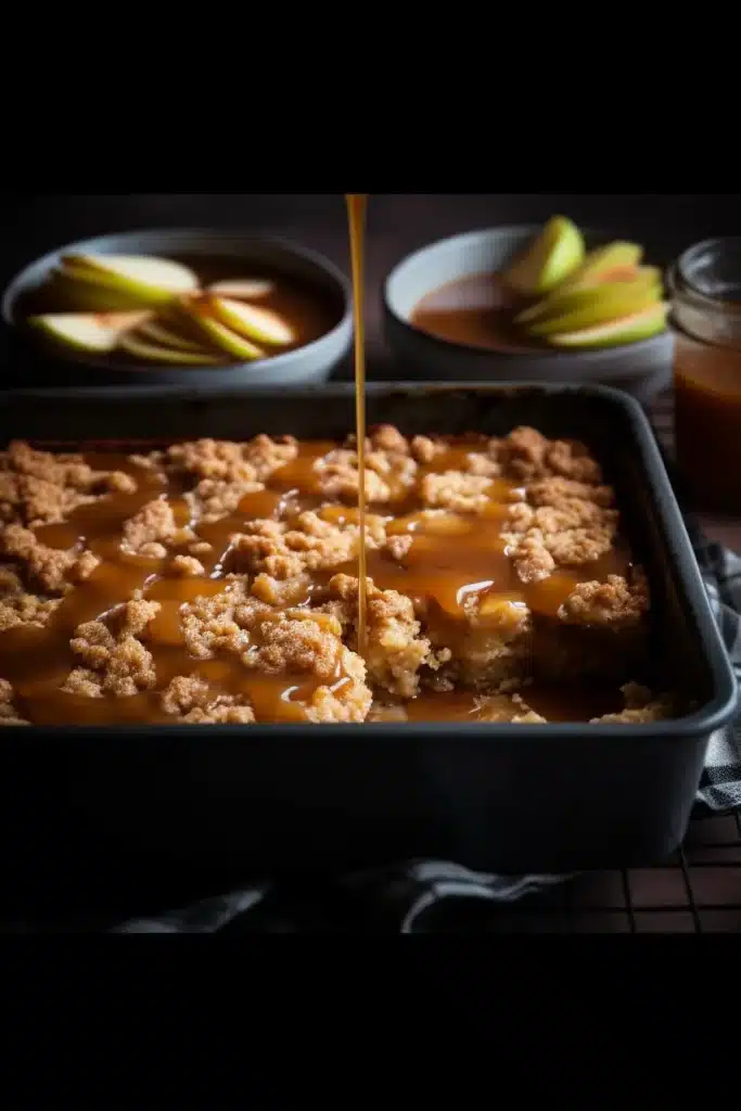 Caramel apple dump cake topped with vanilla ice cream and caramel sauce