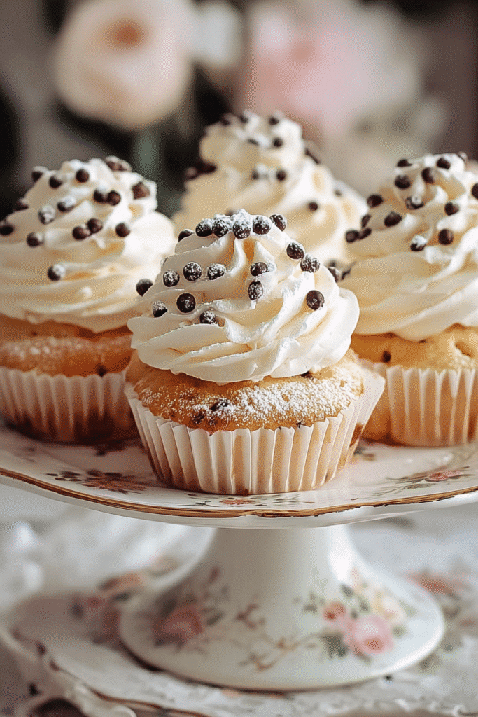 cannoli cupcakes on vintage floral cake stand with creamy frosting