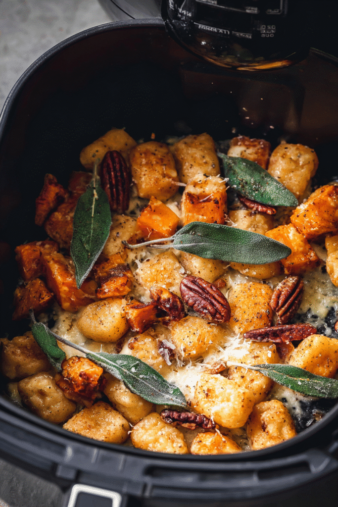 Air Fryer Pumpkin Gnocchi Bake with Melted Cheese, Pumpkin, Sage, and Pecans