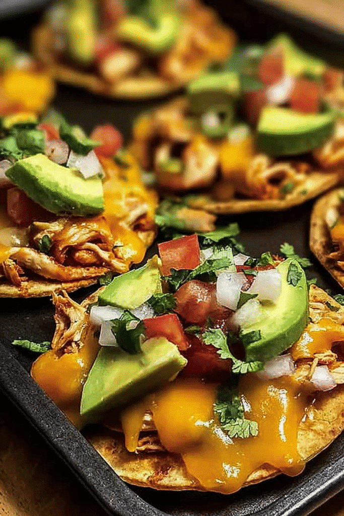 Chicken tostadas with cheddar, avocado, onion, tomato, and cilantro