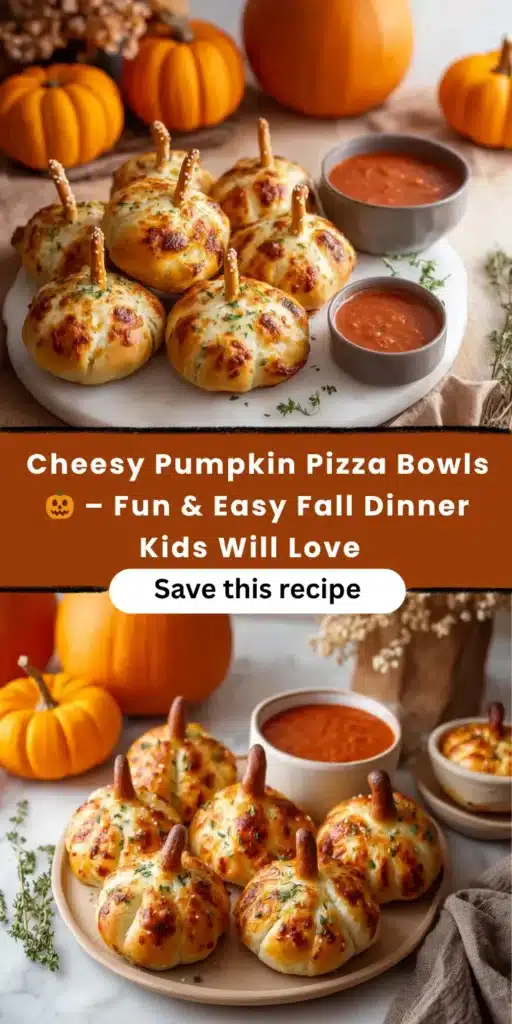 Pumpkin pizza bowls. Halloween dinner idea. Cheesy pizza stuffed pumpkins. Fall food.