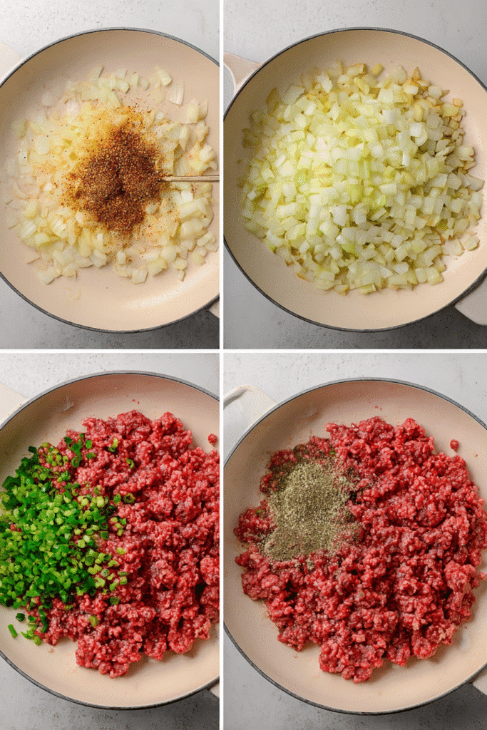 step-by-step images of cooking onions and browning beef for homemade chili