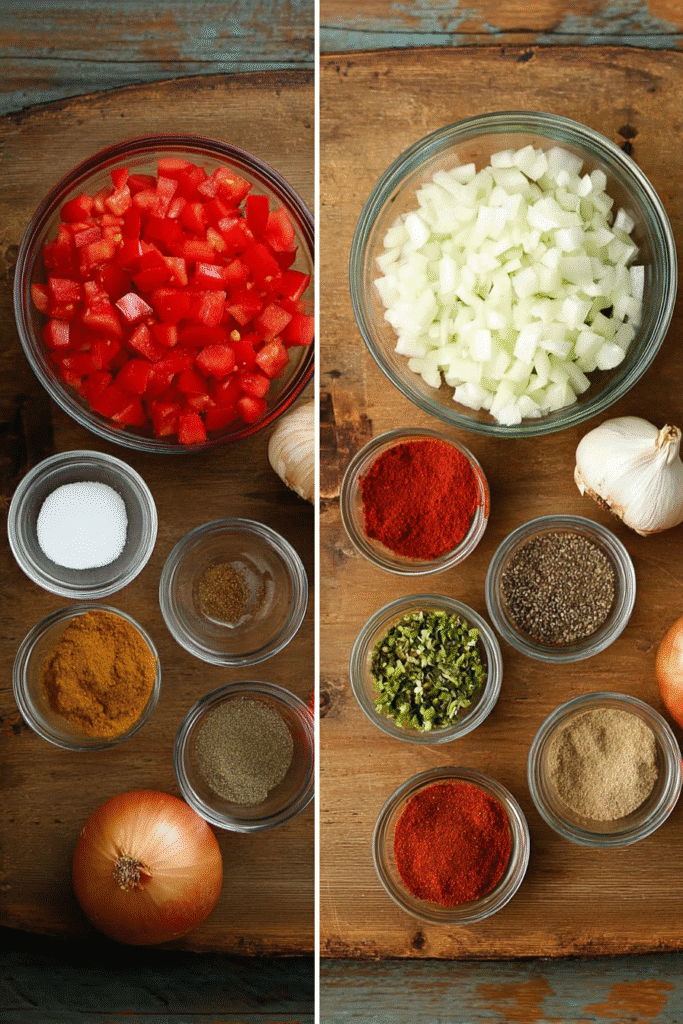 side by side view of chopped chili ingredients and spices on wooden board