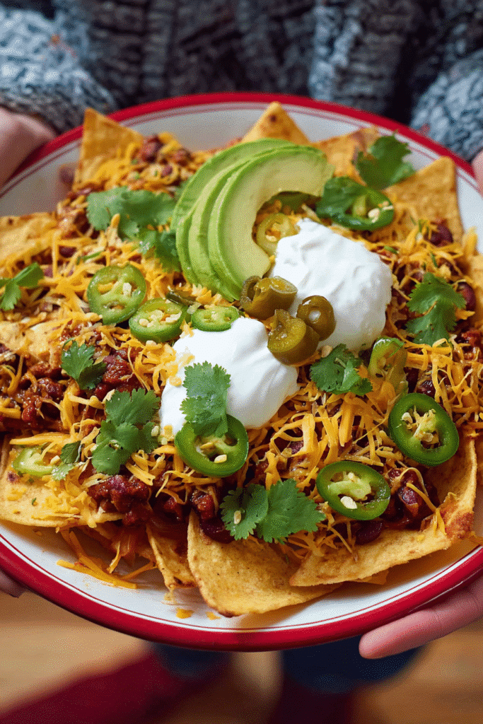 chili nachos topped with sour cream avocado jalapeños and cheddar