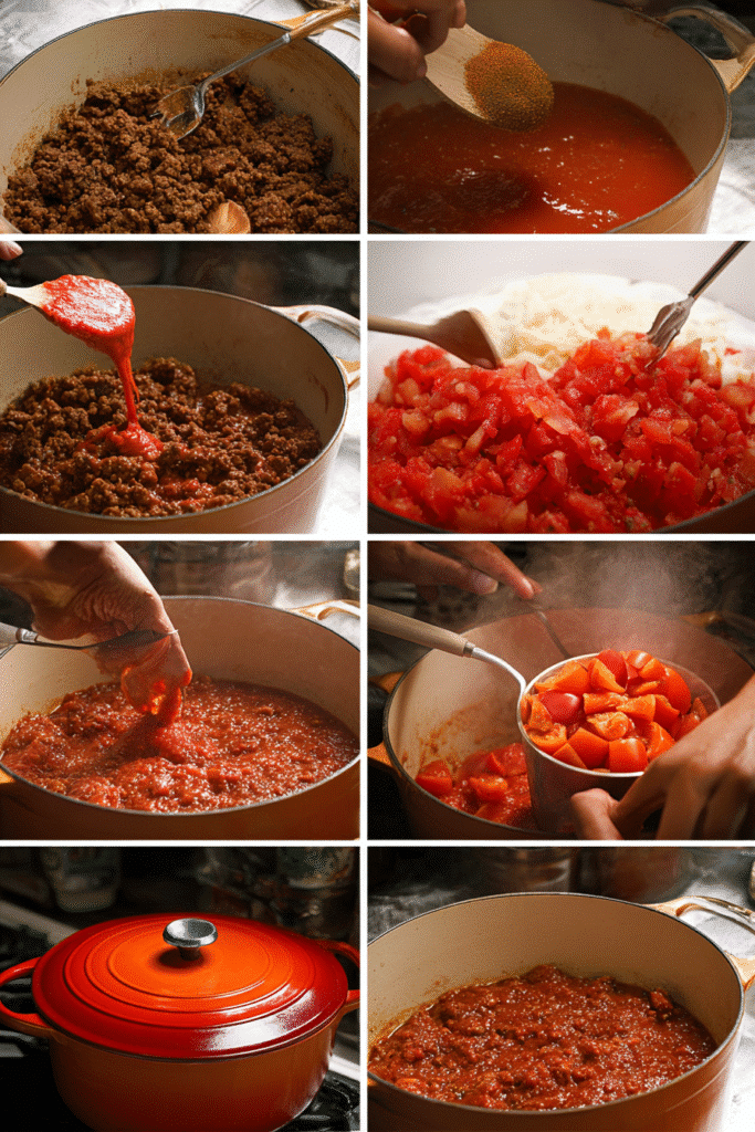 six step chili recipe collage showing spices tomatoes and simmering