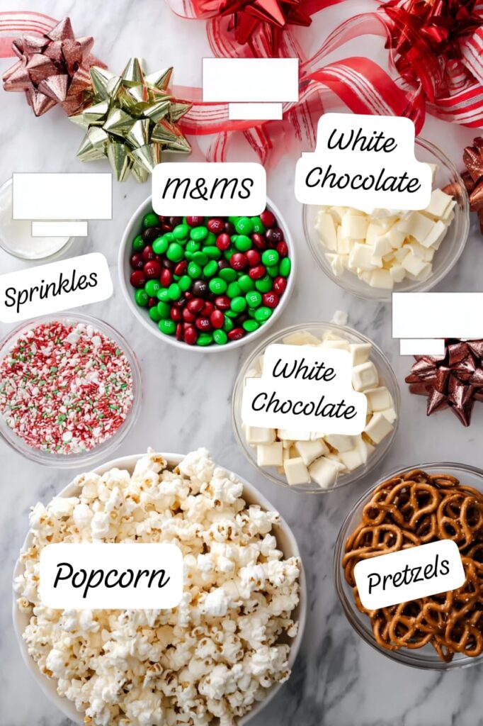 labeled christmas popcorn ingredients with candy and pretzels