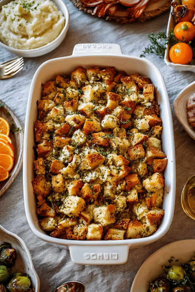 golden baked classic butter herb stuffing in white dish with thanksgiving sides