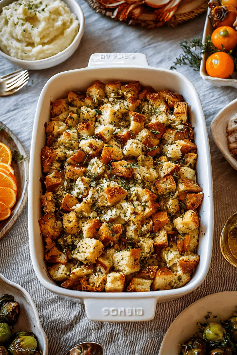 golden baked classic butter herb stuffing in white dish with thanksgiving sides