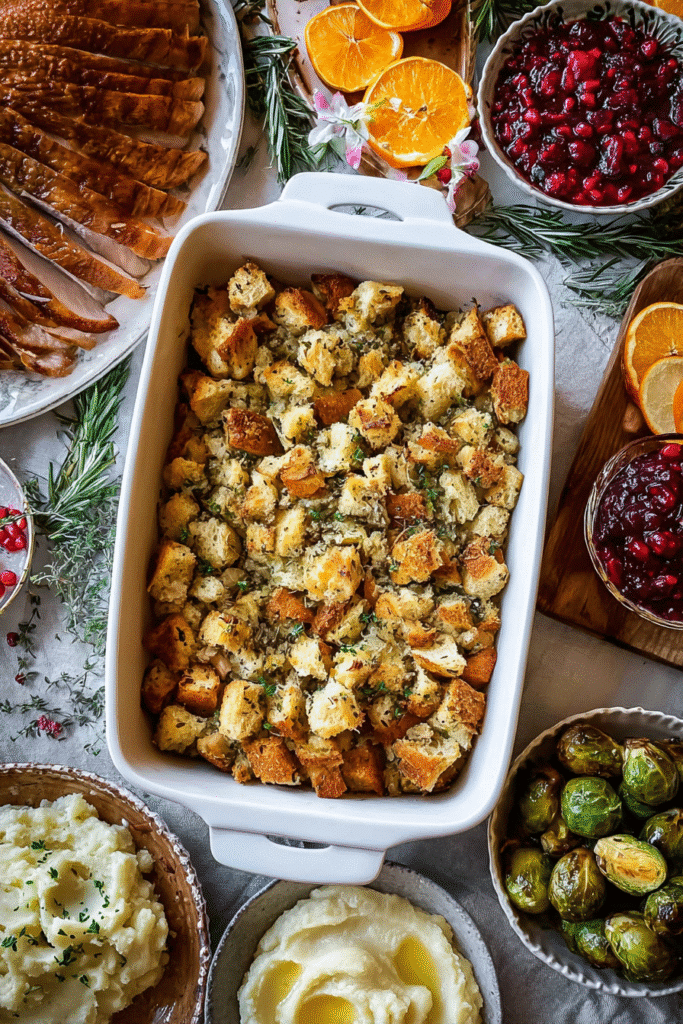 classic butter herb stuffing in white pan with holiday sides