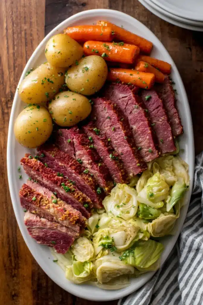 Slow Cooker Corned Beef and Cabbage Dinner. Platter of sliced corned beef, cabbage, carrots, and potatoes.