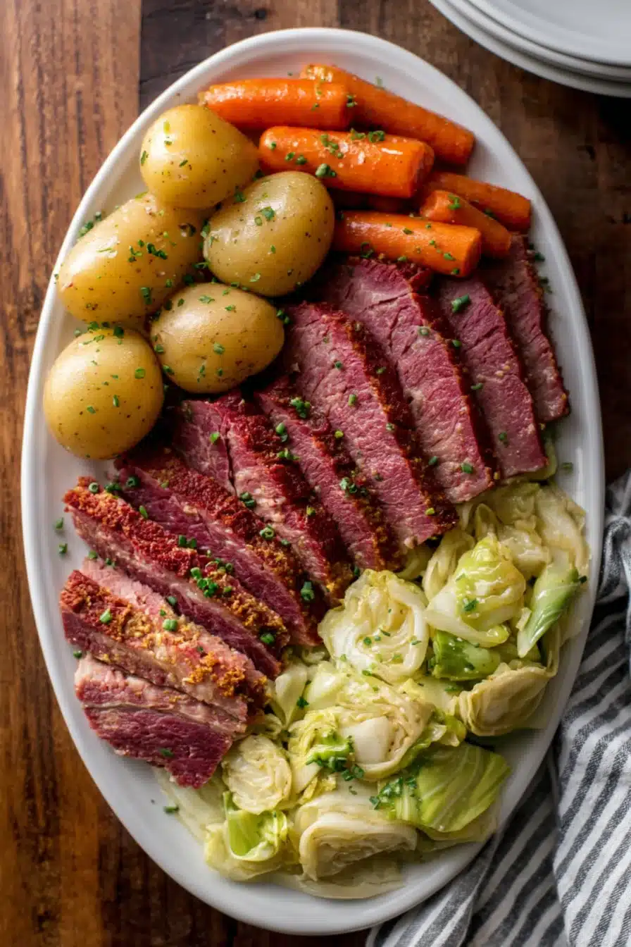 Slow Cooker Corned Beef and Cabbage Dinner. Platter of sliced corned beef, cabbage, carrots, and potatoes.