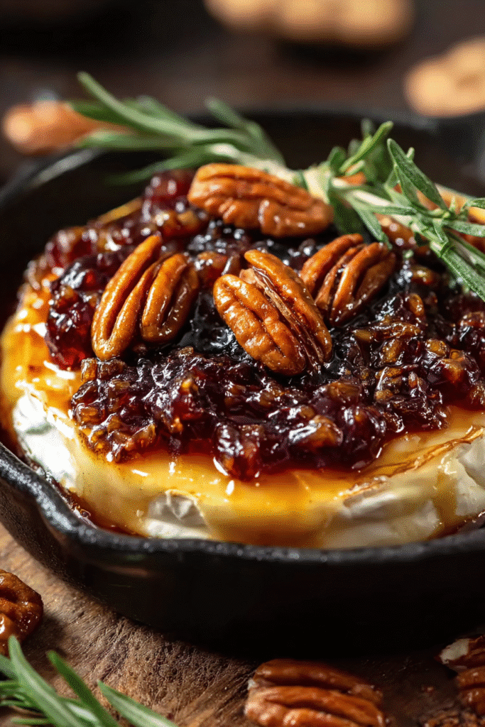 close-up baked brie with fig jam pecans and rosemary
